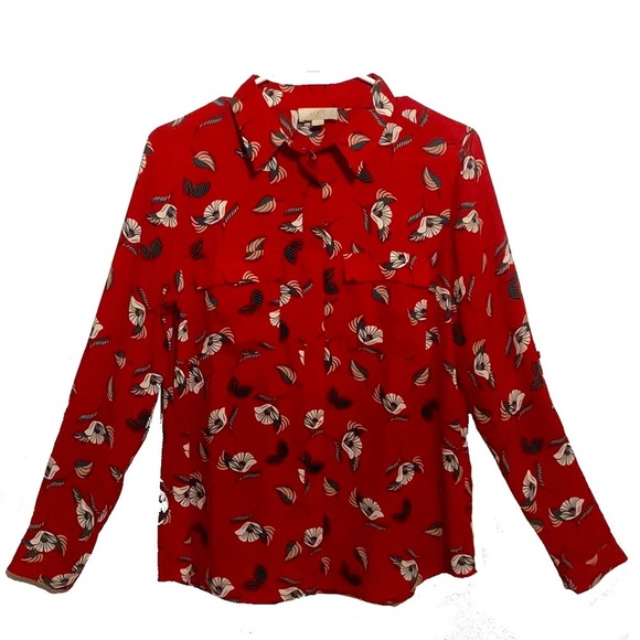 Loft top red floral hidden button up collar blouse with front pockets size MP - Picture 7 of 10